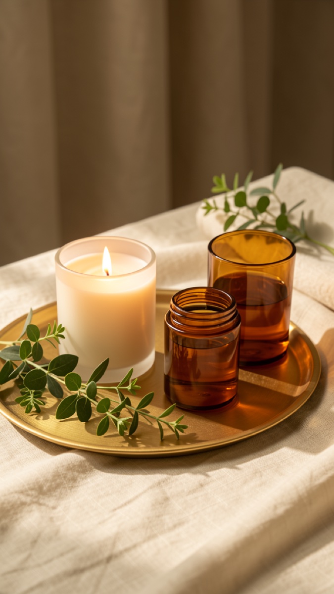 Candlelit evening skincare ritual with amber glass and warm light
