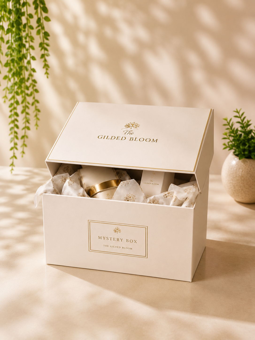The Gilded Bloom Mystery Box open with wrapped products inside